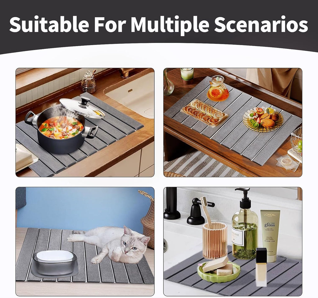 Large Stone Dish Drying Mat for Kitchen Counter, 24" x 16" Stone Drying Mat Foldable Quick Dry Absorbent Diatomaceous Earth Bath Mat Countertop Fast Dry Pad for Kitchen Dishes Bottles Cups Bathroom