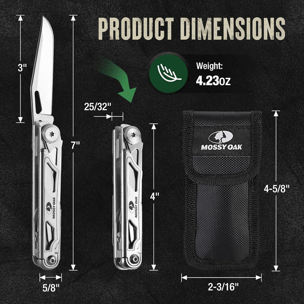 Mossy Oak 12-in-1 Multitool Pocket Knife with Pouch, Stainless Steel Multitool Knife with Clip, Survival Tools with Scissors, Bottle Opener, Wire Stripper, Glass Breaker, Screwdriver