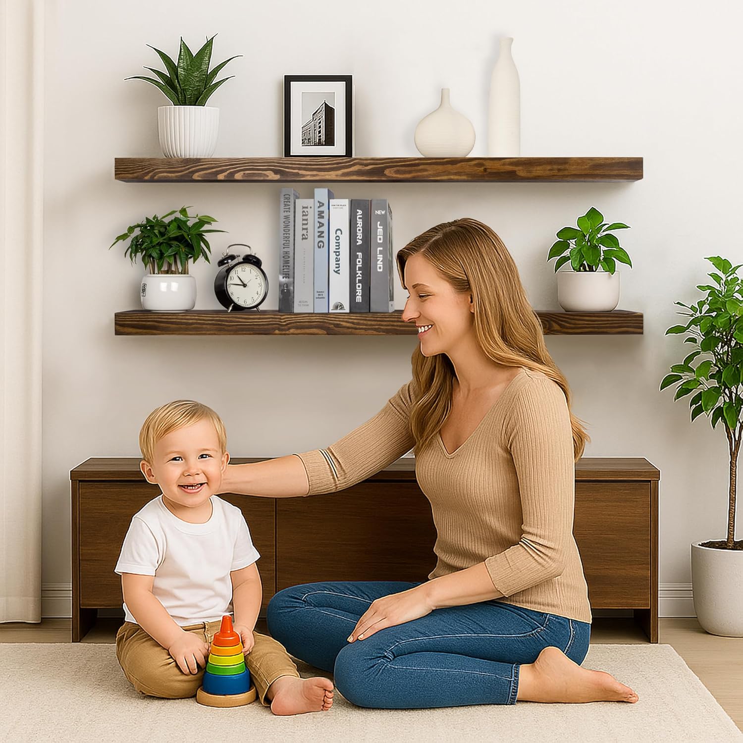 Rustic Floating Shelves 60 inch Long 8 "deep Set of 2, Heavy Duty Wood Wall Mounted Shelves for Bathroom Living Room Kitchen,Book Shelves with Thickened Hidden Bracket- Walnut