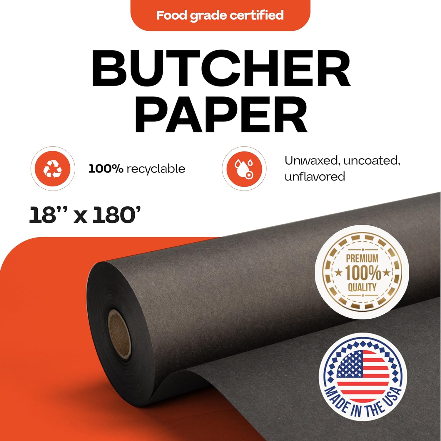 Black Butcher Paper 18" x 2160" (180 feet) - USA-Made Natural Butcher Paper Roll for Meat and Fish - Uncoated, Unwaxed & Food-Grade Material for Grilling - BBQ Papers for Smoking by IDL Packaging
