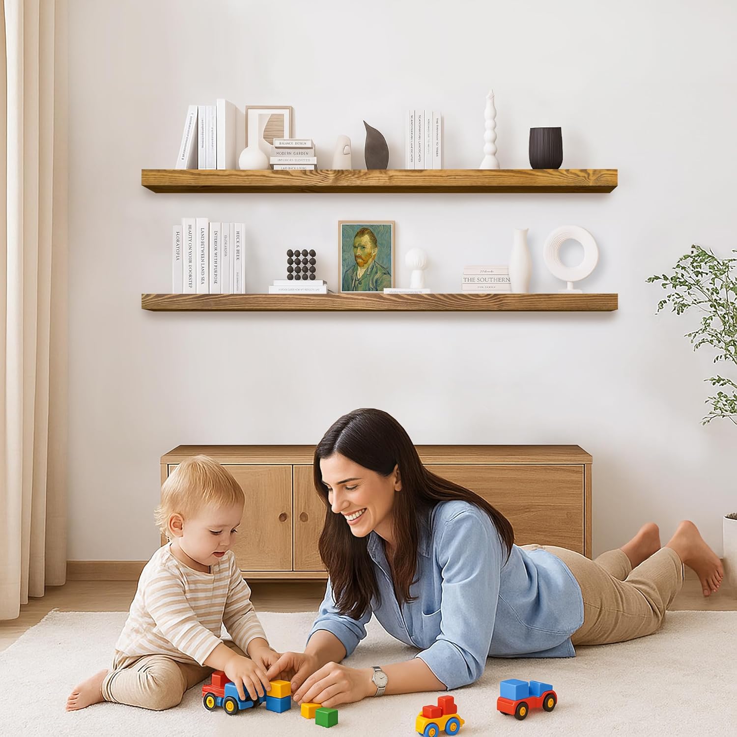Rustic Floating Shelves 72 inch Long 8 "deep Set of 2, Heavy Duty Wood Wall Mounted Shelves for Bathroom Living Room Kitchen,Book Shelves with Thickened Hidden Bracket- Gold Oak