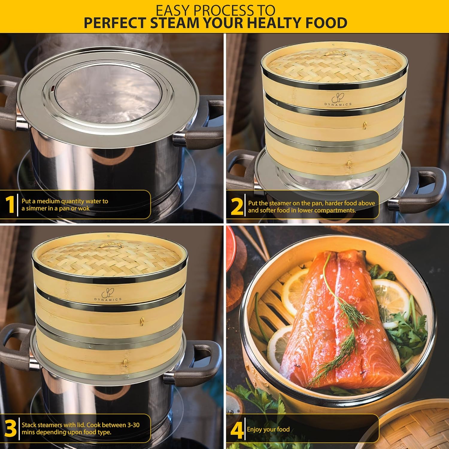 Bamboo Steamer Basket Set Chinese Cuisine 10-inch 2 Tiers Vegetable Steaming Basket for Cooking with Chopsticks, Sauce Dishes, and Reusable Liners - Dumpling Steamer Baskets