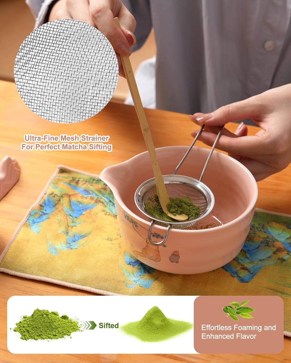 Matcha Whisk Set, Ceramic Matcha Set Includes Matcha Bowl, Matcha Whisk and Holder, Bamboo Scoop, Scoop Rest, Sifter and Tea Towel - 7 Pcs Matcha Kit(Pink)