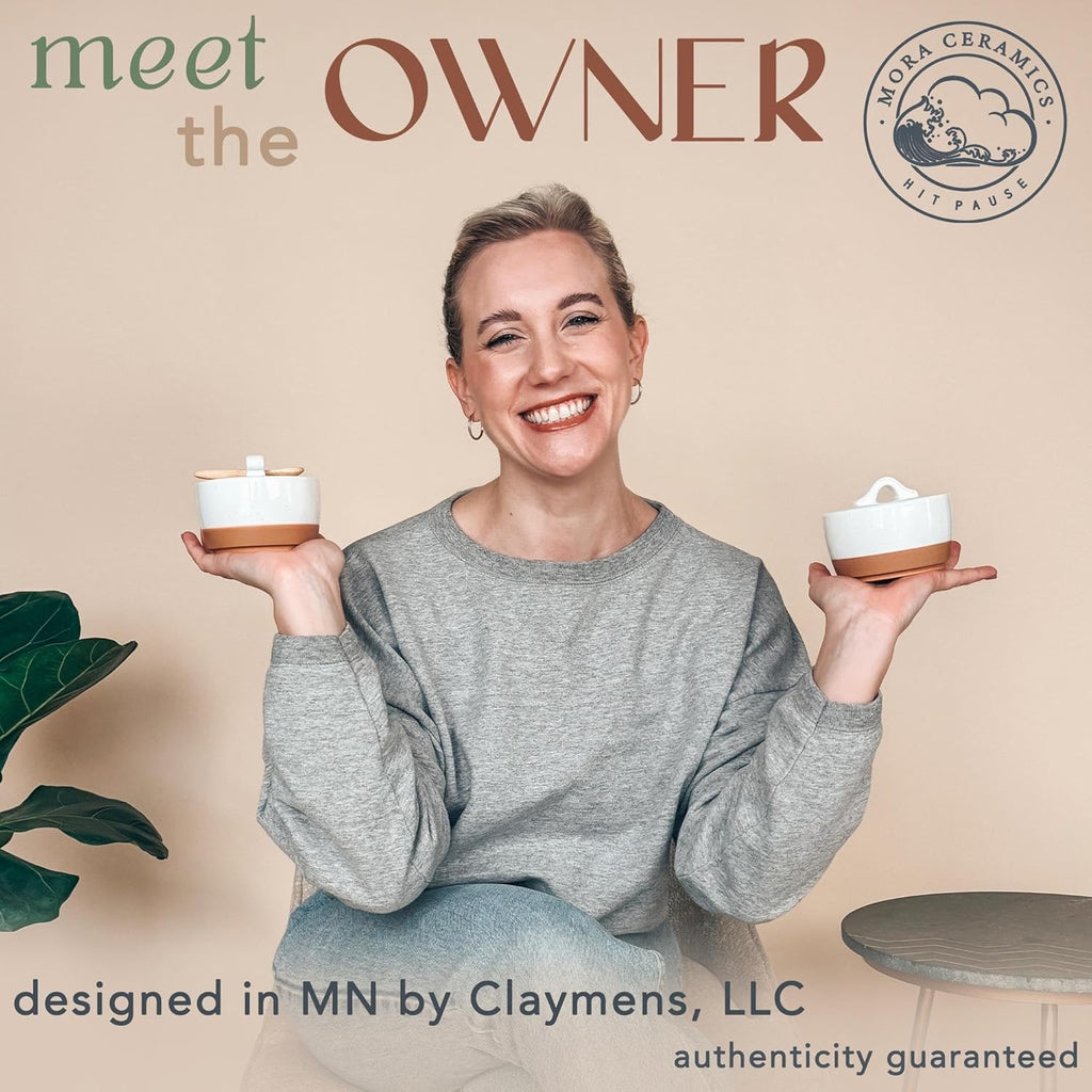 Mora Ceramic Salt and Pepper Cellar Set with Lid - 10 oz Modern Canister/Container/Bowl for Storage, Sea Salt, Spice, Sugar, Countertop - Small Dish/Jar with Wood Spoon, White Crock