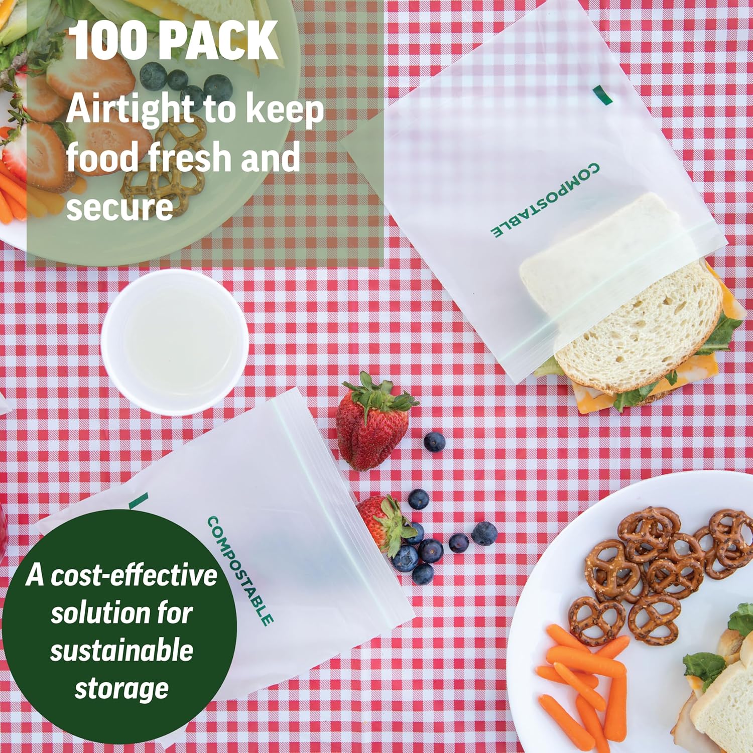 Zenlogy Home Compostable Resealable Sandwich Bags (7"x7"), Microwave & Freezer Safe, Organic Food Storage Container, 100 Count
