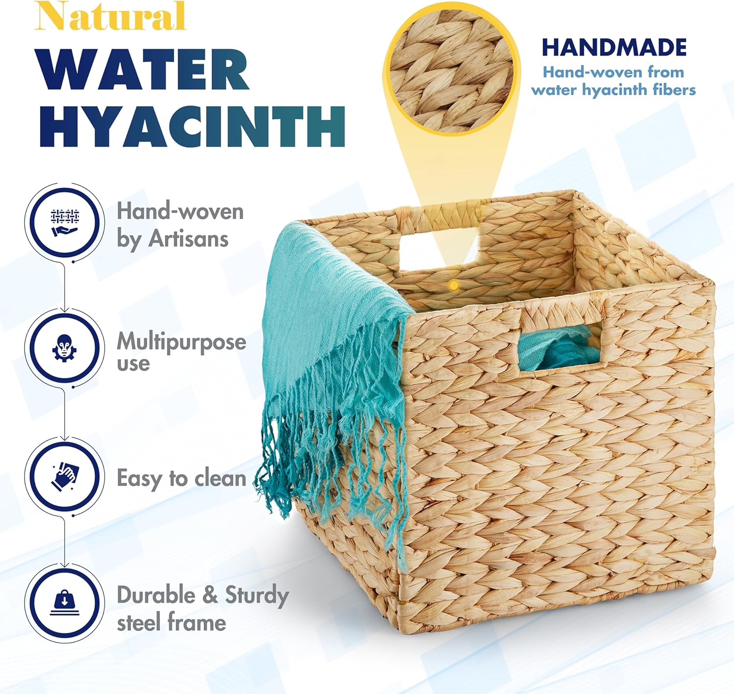 BLUEWEST Water Hyacinth Storage Basket (Set of 4) Woven Hyacinth Storage Basket, Laundry Water Hyacinth Bin for Organizing with Carrying Handles, Rattan for Shelves