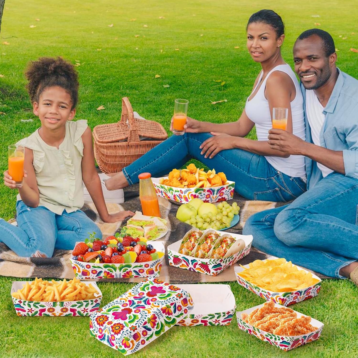 Mexican Taco Nights Food Trays - 60P Hispanic Heritage Month Flowers Unassembled Trays Nacho Snack Candy Holder Disposable Paper Plates Birthday Carnival Party Harvest Picnic Food Containers